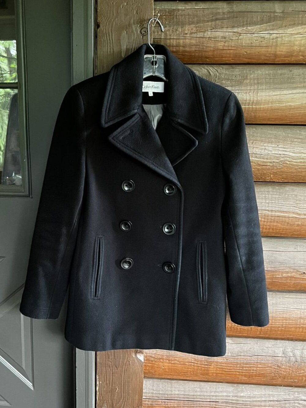 Women's Black Calvin Klein Double Breasted Pea Coat with Two Front Pockets, Sz 4